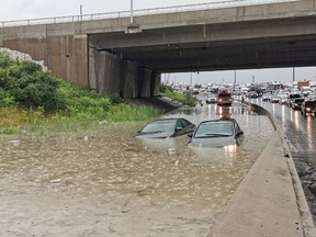 The scene at Islington and the 401 during the mass flooding that struck Toronto and the GTA.