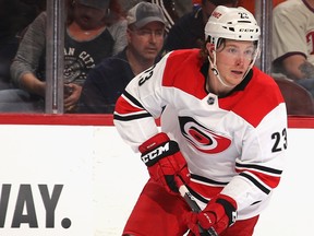 Brock McGinn of the Carolina Hurricanes skates against the Philadelphia Flyers at the Wells Fargo Center on April 6, 2019 in Philadelphia. (Bruce Bennett/Getty Images)