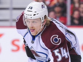 Anton Lindholm of the Colorado Avalanche in action against the Calgary Flames during an NHL game at Scotiabank Saddledome on March 27, 2017 in Calgary. (Derek Leung/Getty Images)