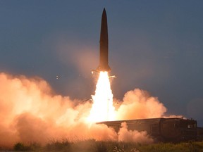 A view of North Korea's missile launch on Thursday, in this undated picture released by North Korea's Central News Agency (KCNA) on July 26, 2019.