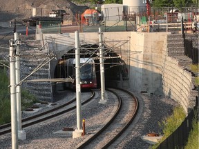 A file photo from early July of an LRT train in testing near LeBreton Station.