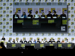 (L-R) Dominic Patten, Kirsten Beyer, Heather Kaden, Akiva Goldsman, Michael Chabon, Alex Kurtzman, Patrick Stewart, Isa Briones, Santiago Cabrera, Evan Evagora, Brent Spiner, Jeri Ryan, and Jonathan Del Arco speak at the "Enter The Star Trek Universe" Panel during 2019 Comic-Con International at San Diego Convention Center on July 20, 2019 in San Diego.