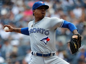 Marcus Stroman of the Toronto Blue Jays pitches against the New York Yankees during the first inning at Yankee Stadium on July 14, 2019 in New York City.