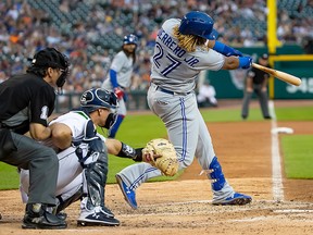 Vladimir Guerrero Jr. of the Toronto Blue Jays hits a grand slam in the fifth inning to tie the game 5-5 against the Detroit Tigers during a MLB game at Comerica Park on July 20, 2019 in Detroit.