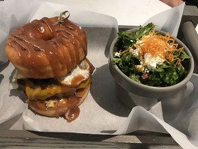 Donut burger and salad at Tulip restaurant in the Hilton on Queen Street