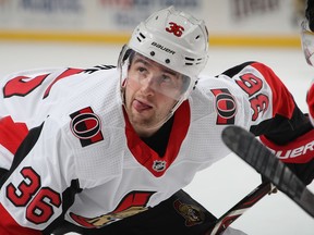 Colin White #36 of the Ottawa Senators takes the face-off against the New Jersey Devils during a game in December, 2018.