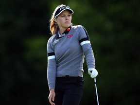 Brooke Henderson looks up the fairway from the eight-hole tee box during the first round of the CP Women's Open at the Magna Golf Club on Thursday, Aug. 22, 2019 in Aurora, Ont.