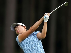 Hinako Shibuno of Japan plays into the 12th green during the third round of the AIG Women's British Open at Woburn Golf Club on August 03, 2019 in Woburn, England.