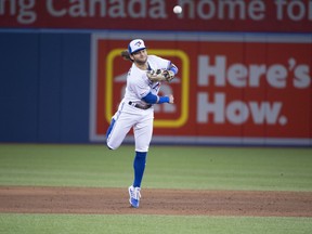 Toronto Blue Jays shortstop Bo Bichette throws to first base for an out during the sixth inning against the New York Yankees at Rogers Centre in Toronto, August 9, 2019. (Nick Turchiaro-USA TODAY Sports)