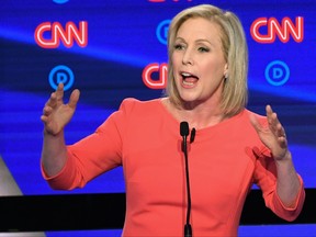 In this file photo taken on July 31, 2019, Democratic presidential hopeful U.S. Senator from New York Kirsten Gillibrand speaks during the second Democratic primary debate of the 2020 presidential campaign season in Detroit, Michigan. (JIM WATSON/AFP/Getty Images)