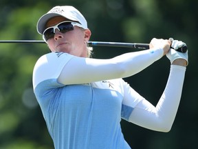 Alena Sharp watches her drive on the 15th hole during the first round of the Marathon Classic presented by Dana at the Highland Meadows Golf Club in Sylvania, Ohio, on July 11, 2019.