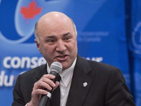 Conservative leadership candidate Kevin O'Leary addresses a Conservative Party leadership debate Monday, February 13, 2017 in Montreal. O'Leary says he won't take part in Tuesday's official party debate in Edmonton, citing the format. (THE CANADIAN PRESS/Paul Chiasson)