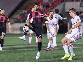 The Ottawa Fury FC's Chris Mannella tries to control the ball in front of a Toronto opponent during their Canadian Championship semifinal at TD Place Stadium on Wednesday, Aug. 7, 2019.  PHOTO: Steve Kingsman/Freestyle Photography for Ottawa Fury FC
