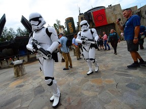 Storm Troopers on guard at the Star Wars: Galaxy's Edge Walt Disney World Resort on August 27, 2019 in Orlando.