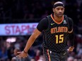 Vince Carter of the Atlanta Hawks celebrates his three pointer during a 123-118 win over the L.A. Clippers at Staples Center on Jan. 28, 2019 in Los Angeles. (Harry How/Getty Images)