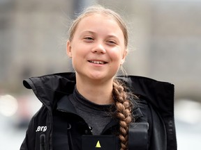 Climate change activist Greta Thunberg speaks at a press conference before setting sail for New York in the 60ft Malizia II yacht from Mayflower Marina, on August 14, 2019 in Plymouth, England.