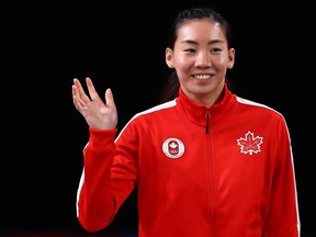 Gold medalist Michelle Li of Canada in the podium of Women's badminton singles final match on Day 7 of Lima 2019 Pan American Games at Villa Deportiva Nacional on August 2, 2019 in Lima, Peru. (Buda Mendes/Getty Images)