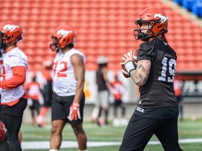 Stampeders quarterback Bo Levi Mitchell at practice last week. Mitchell says he is still feeling soreness in his pectoral muscle.