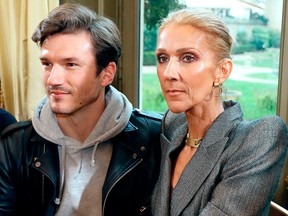 Celine Dion (R) and dancer Pepe Munoz (L) arrive for the 2019 Spring-Summer Haute Couture collection fashion show by RVDK Ronald van der Kemp in Paris, on Jan. 23, 2019.