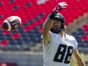 A pass to Ottawa Redblacks WR Brad Sinopoli goes incomplete during practice at TD Place on Aug. 5, 2019. The Redblacks have been having trouble getting the ball to Sinopoli all season.