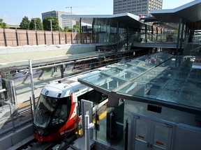 An LRT train on a test run pulls into Tunney's Pasture station Thursday (August 8, 2019).