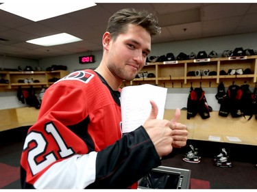 Logan Brown gives a pair of thumbs up as the Ottawa Senators begin training camp with medicals and fitness testing.