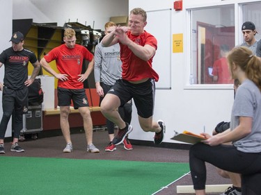 Brady Tkachuk takes a standing jump as the Ottawa Senators begin training camp with medicals and fitness testing.