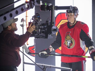 Nikita Zaitsev performs for a video segment  as the Ottawa Senators begin training camp with medicals and fitness testing.