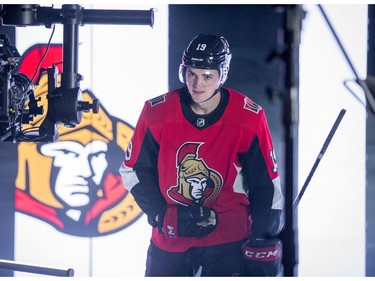 Drake Batherson performs for a video segment  as the Ottawa Senators begin training camp with medicals and fitness testing.