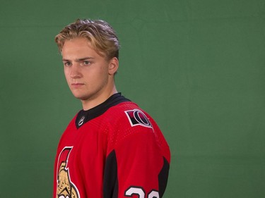 Erik Brannstrom poses for green screen video as the Ottawa Senators begin training camp with medicals and fitness testing.
