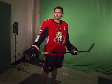 Ron Hainsey puts a scowl (gameface) on for a video segment as the Ottawa Senators begin training camp with medicals and fitness testing.