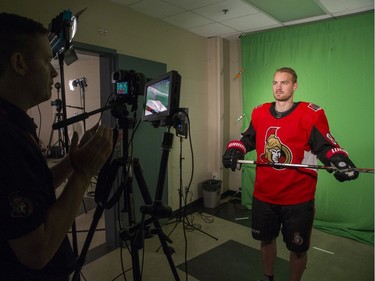 Mikkel Boedker poses for a video segment as the Ottawa Senators begin training camp with medicals and fitness testing.
