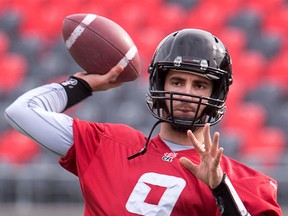 Danny O'Brien throws a pass as the Ottawa Redblacks practice at TD Place in 2014.