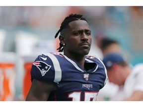 Antonio Brown #17 of the New England Patriots looks on against the Miami Dolphins during the fourth quarter at Hard Rock Stadium on September 15, 2019 in Miami, Florida.