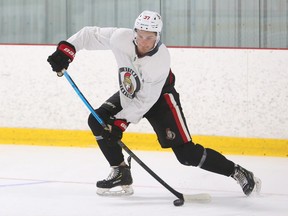 Josh Norris in a file photo from Senators rookie camp practice in Ottawa late last week.