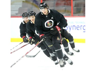 Max Lajoie (middle) of the Ottawa Senators leads the skate during training camp in Ottawa, September 13, 2019.