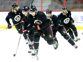 Max Lajoie (middle) of the Ottawa Senators leads the skate during training camp in Ottawa, September 13, 2019.
