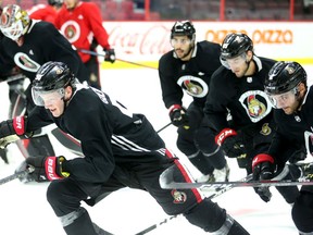 Max Lajoie (middle) of the Ottawa Senators leads the skate during training camp in Ottawa, September 13, 2019.