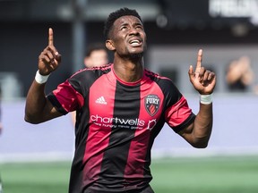 Hadji Barry celebrates one of his three goals in yesterdays 4-1 Fury win over Hartford at TD Place.
Steve Kingsman/Freestyle Photography for Ottawa Fury FC