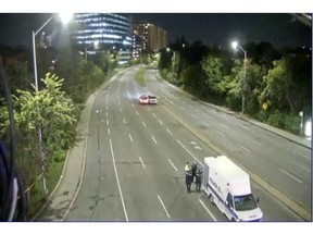 A photo from a City of Ottawa traffic camera looking south on the Vanier Parkway from Montreal Road shows an Ottawa Police Service collision investigation unit vehicle near the scene of the collision last Saturday.