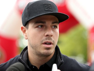 J. G. Pageau talks to the media on his way into the event. Ottawa Senators players and staff took to the Marshes Golf Club Tuesday for the Annual Bell Senators Charity Golf Classic, where foursomes are rounded out with players to raise money for the Sens Foundation.