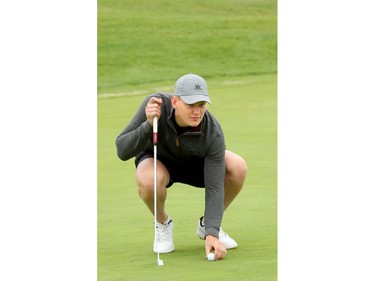 Brady Tkachuk lines up his putt early in the course.  Ottawa Senators players and staff took to the Marshes Golf Club Tuesday for the Annual Bell Senators Charity Golf Classic, where foursomes are rounded out with players to raise money for the Sens Foundation.