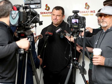 Sens new Head Coach D.J. Smith talks to the media ahead of the event. Ottawa Senators players and staff took to the Marshes Golf Club Tuesday for the Annual Bell Senators Charity Golf Classic, where foursomes are rounded out with players to raise money for the Sens Foundation.