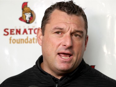 Sens new Head Coach D.J. Smith talks to the media ahead of the event. Ottawa Senators players and staff took to the Marshes Golf Club Tuesday for the Annual Bell Senators Charity Golf Classic, where foursomes are rounded out with players to raise money for the Sens Foundation.