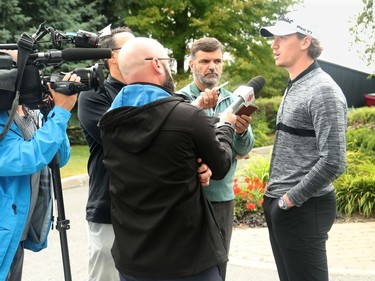 Thomas Chabot takes questions from the media ahead of the event. Ottawa Senators players and staff took to the Marshes Golf Club Tuesday for the Annual Bell Senators Charity Golf Classic, where foursomes are rounded out with players to raise money for the Sens Foundation.