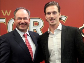 It was all smiles for Senators GM Pierre Dorion and defenceman Thomas Chabot after his eight-year contract extension was announced Thursday.