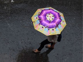 A woman holds an umbrella in the rain.