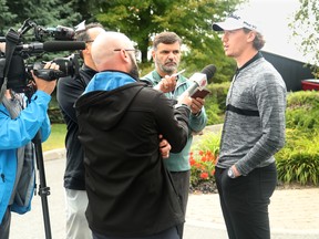Defenceman Thomas Chabot takes questions from the media ahead of the Senators annual charity golf tournament on Tuesday. (Julie Oliver/Postmedia Network)