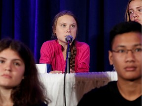 Swedish climate activist Greta Thunberg speaks with other child petitioners from twelve countries around the world who presented a landmark complaint to the United Nations Committee on the Rights of the Child to protest the lack of government action on the climate crisis during a press conference in New York on Monday.