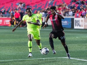 Wal Fall dribbles the ball against the Tampa Bay Rowdies on Wednesday night at TD Place.